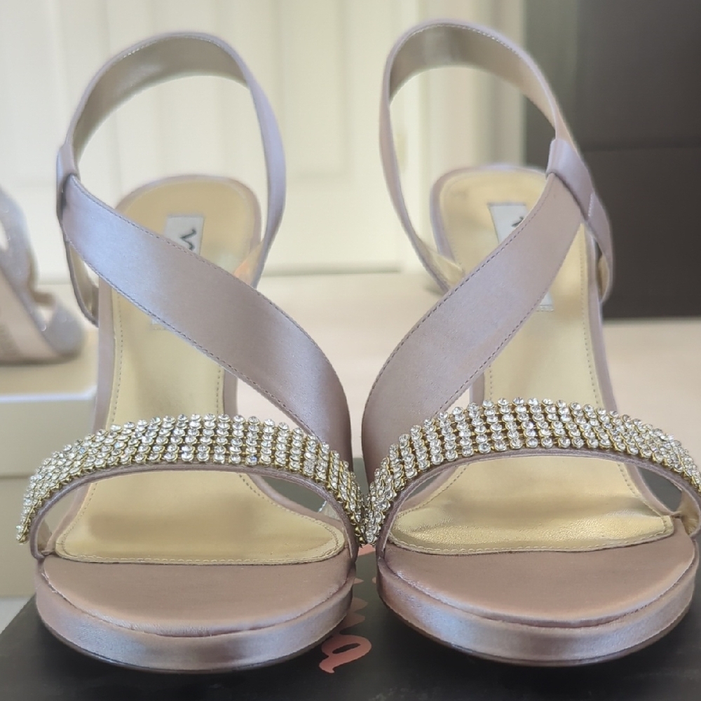 Vince Camuto Cream Heels with Rhinestones and Slingback Design